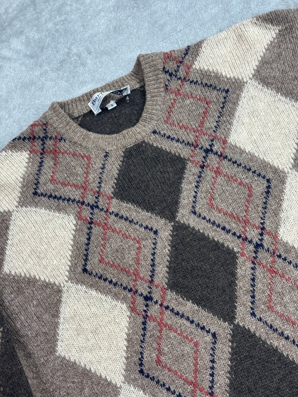 VTG Burberrys Sweater Mens Large Brown Argyle Chunky Knit Ribbed Hem Crewneck